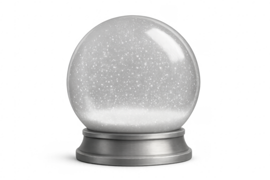 Empty snow globe with falling snow on transparent background
