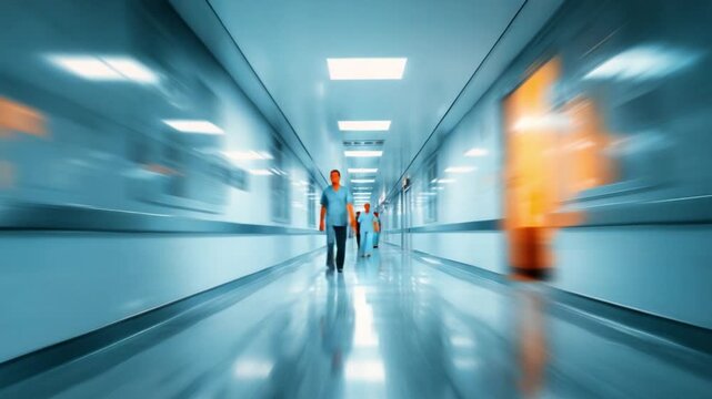 Hospital hallway: A modern hospital hallway comes to life, with a blurred motion effect capturing the pace of life in the hospital, and conveying the bustling world inside.