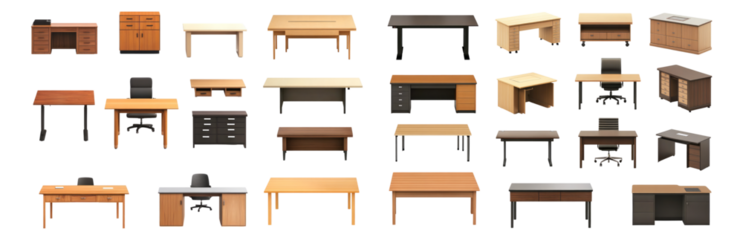 Assorted Desk Designs for Modern Office and Workspace Needs, Isolated on Transparent, white background