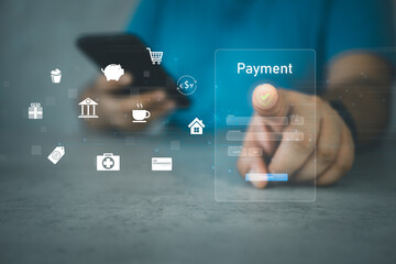 Man using smartphone online shopping and payment via mobile banking apps. financial technology, Digital banking network, internet payment and digital wallet.