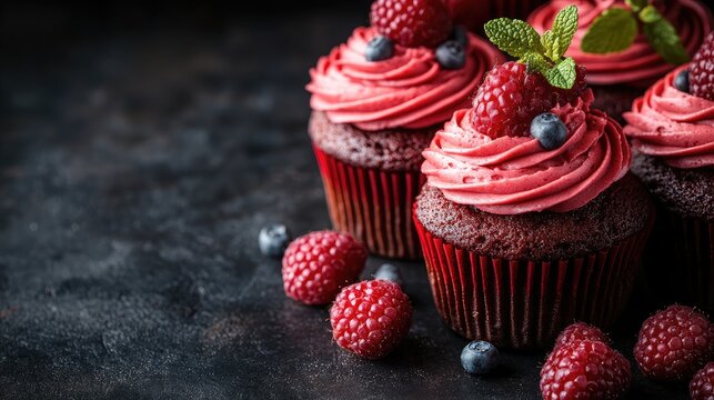 Delicious red velvet cupcakes with raspberry and blueberry frosting, garnished with fresh raspberries and mint leaves.