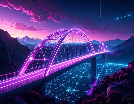 Neon bridge over a digital river in mountains