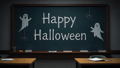Happy Halloween chalkboard with spooky ghosts and spiders in a classroom setting, perfect for seasonal decorations and advertising