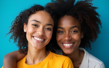 Close up portrait of two interracial attractive women situating against blue background. High quality