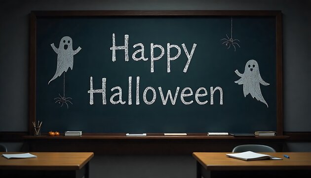 Happy Halloween chalkboard with spooky ghosts and spiders in a classroom setting, perfect for seasonal decorations and advertising