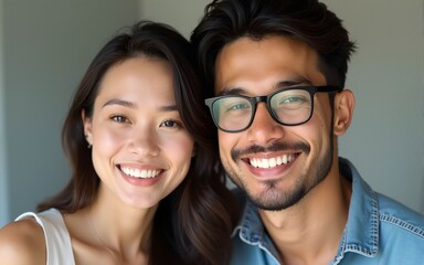 Young beautiful smiling asian woman and stylish handsome smiling man. High quality