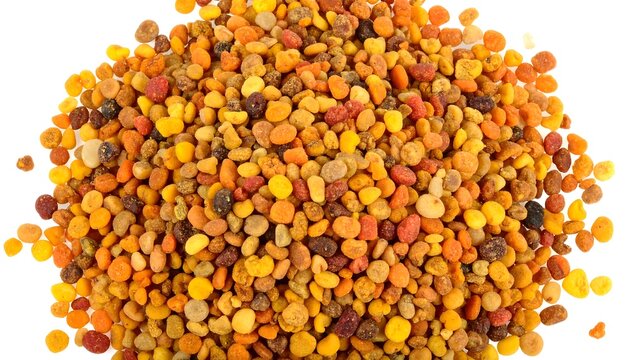 Pile of colorful bee pollen granules on white