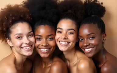 Multi ethnic beauty fashion hair, face and head skin care. Group of girls lies on beige background. High quality