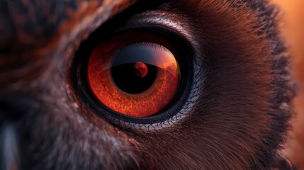 close up of a eye owl, with the iris reflecting a vivid visual of a red moon