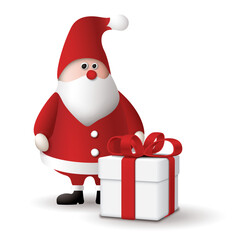 3D cute Santa Claus with big gift box isolated on white background graphic illustration.