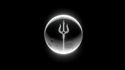 Mystical trident icon within a glowing sphere on dark background