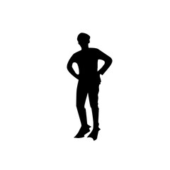 Black silhouette man standing in style, person with white background.