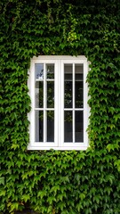White window framed by lush green ivy