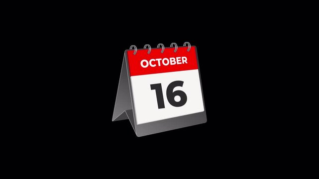October 16 Desk Calendar Page Flip Animation and Torn, Transparent Background