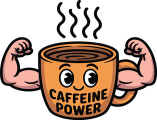 Caffeine Power Coffee Mug Mascot Showing Biceps - Strong Energy Drink Cartoon Vector