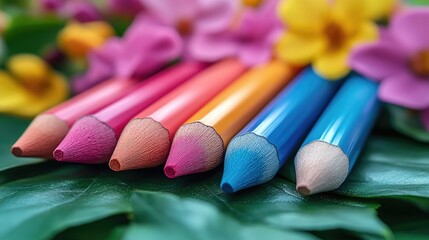 Colorful pencils arranged on green leaf with flowers.