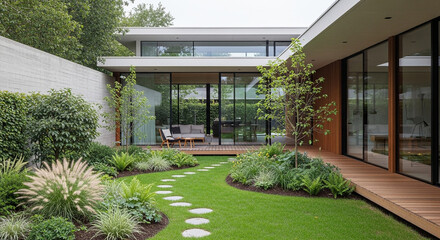 A modern house with a beautiful garden featuring a stone path, lush greenery, and a wooden deck, creating a serene and inviting outdoor space