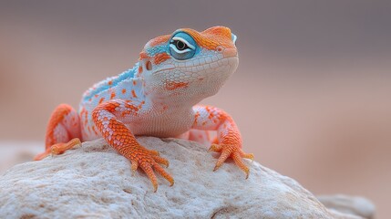 Colorful lizard perched on a light beige rock, with vibrant orange and white scales and blue eyes.