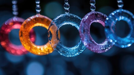 Colorful glass rings hanging, close-up.