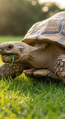 Obraz premium Majestic giant tortoise grazing peacefully on a sunny green lawn.