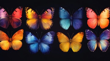 Colorful butterfly collection on black background.