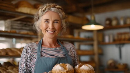 Artisan baker: A warm and inviting portrait of a seasoned artisan baker, radiating with experience and passion for her craft, proudly presenting freshly baked loaves of bread in a cozy bakery setting. - Powered by Adobe
