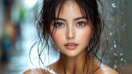 Close-up portrait of a young woman with wet hair, looking directly at the camera.