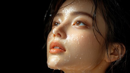 Close-up portrait of a young woman with water droplets on her face, looking up.