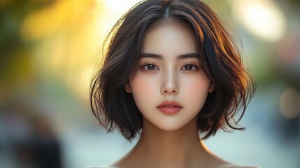 Close-up portrait of a young woman with short brown hair, soft makeup, and a serene expression.