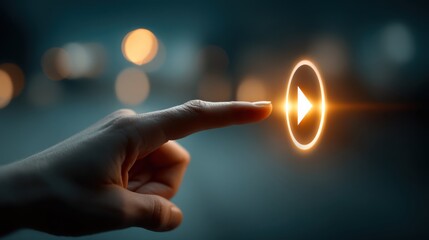 Hand hovering over play button in a modern digital interface focused closeup technology environment contemporary concept