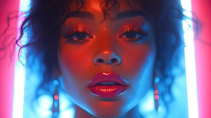 Close-up portrait of a young woman with dark curly hair, illuminated by vibrant pink and blue neon lights.