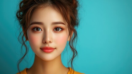 Close-up portrait of a young Asian woman with styled hair and makeup, looking directly at the camera against a teal background.
