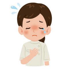 白色のケーシーを着た泣く女性　上半身イラスト／Crying woman wearing a white medical tunic　upper body illustration