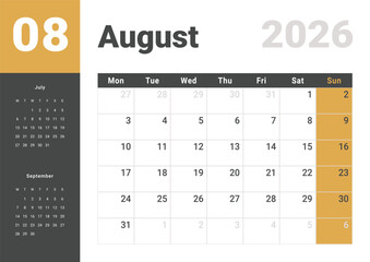 Monthly page Calendar Planner Template design of August 2026. Vector layout of calendar with week start Monday for Scheduling. Page for size A4 or 21x29.7 cm