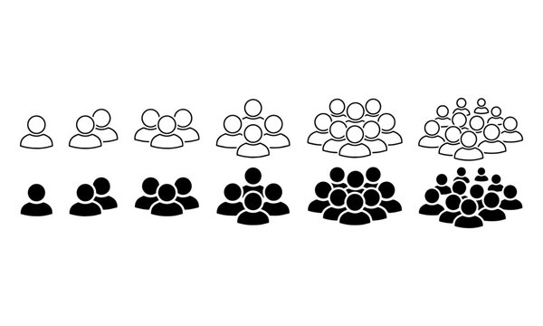 Illustration showing a growing group of people, depicted as simple head and shoulder icons, in both outline and solid black versions.