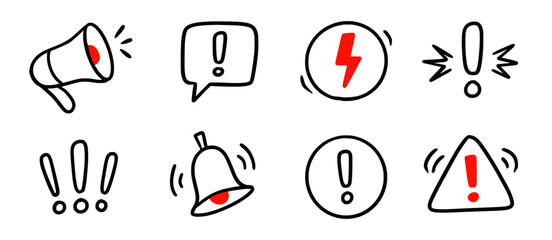 Doodle red exclamation mark, warning sign set. Hand drawn caution signs and warning marks highlight toxic risk, exclamation mark or alert notifications. Doodle stop notification. Vector illustration