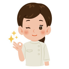 白色のケーシーを着たOKサインを出す女性　上半身イラスト／Woman wearing a white medical tunic making an OK sign　upper body illustration