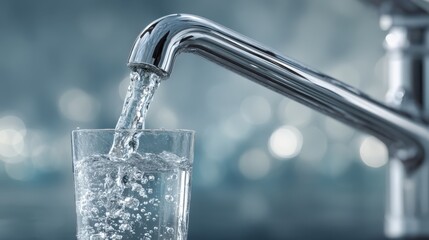 Modern water supply flowing into a glass indoor kitchen environment closeup shot cleanliness concept for healthy living