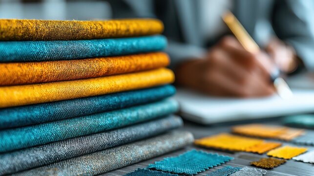 Female fashion designer sketching new suit silhouette creative studio textile design professional environment close-up view