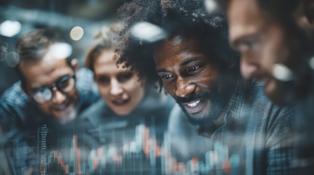 Collaborative professionals analyzing data on screen office environment group interaction technology focus