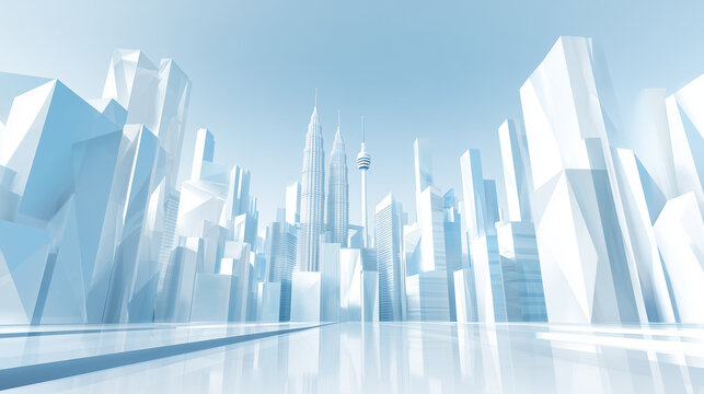 Futuristic Kuala Lumpur city skyline with Petronas Twin Towers in minimal white and blue abstract style