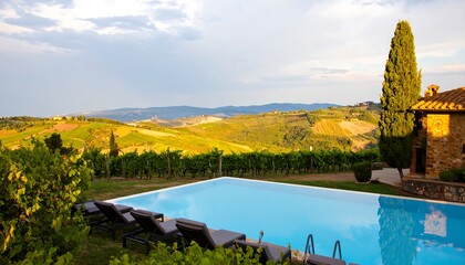 Poolside view of rolling Tuscan vineyard hills