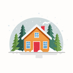 Fototapeta premium Illustration of a cozy house in a snowy winter landscape with pine trees.