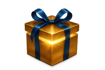 Obraz premium Gold gift box with glowing light and blue ribbon, representing surprise, magic, and luxury on transparent background