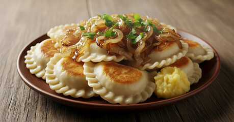 A close-up of traditional Polish pierogi, pan-fried until golden and served on a rustic plate. Topped with sweet caramelized onions and fresh parsley. A classic Eastern European comfort food.