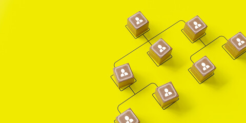 Organization and teamwork icon displayed on a wooden block against a yellow background,