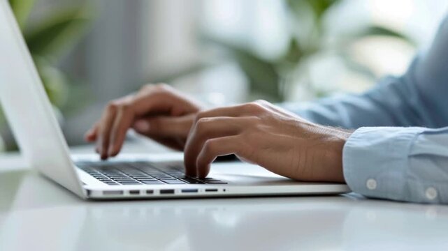 Close-up of business person typing on laptop computer in bright office setting.