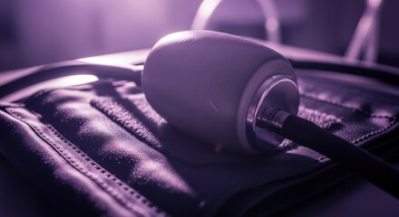 Close-up of a sphygmomanometer showcasing medical healthcare equipment in purple tone