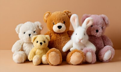 a group of cute plush toys, including a teddy bear and a rabbit doll, in a plush toy set