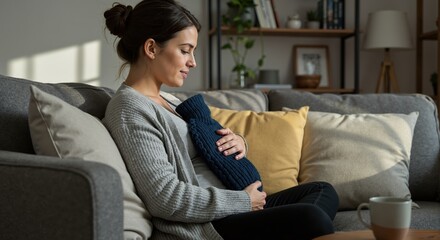 Woman relaxing on sofa with hot water bottle in living room  